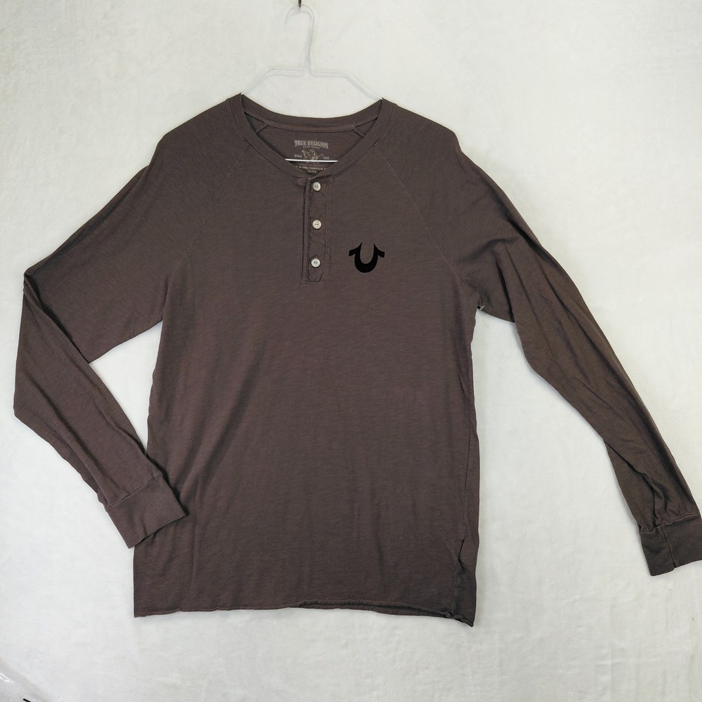True Religion Mens XL Brown Long Sleeve Henley Slub Cotton Flocked Logo USA Made